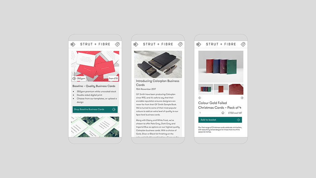 Mobile website page designs for online print service Strut and Fibre