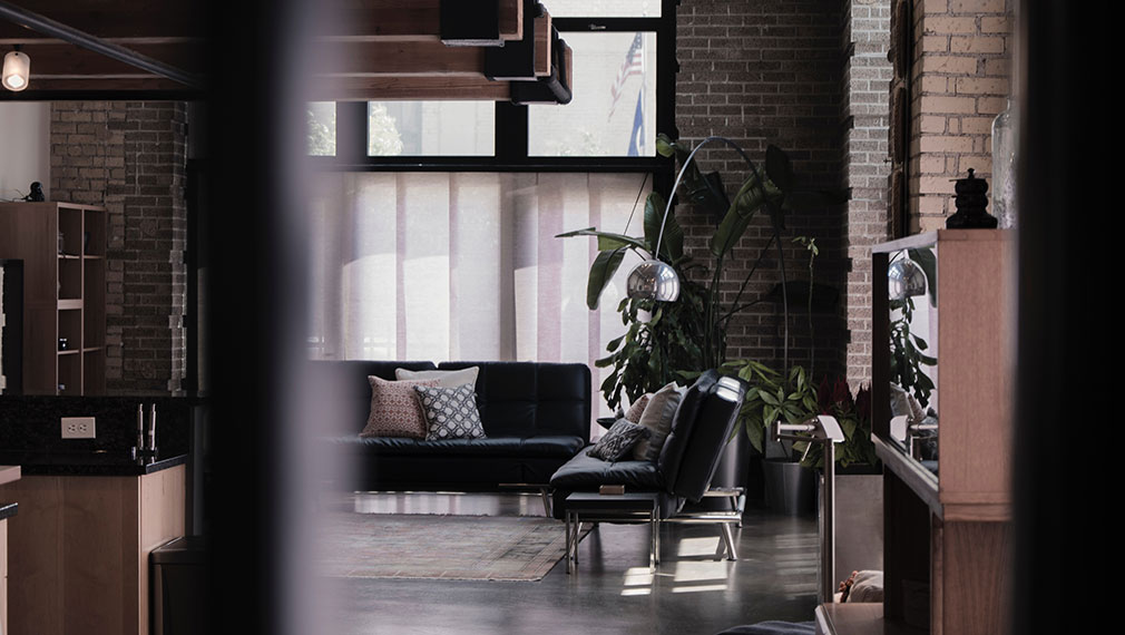 Casual apartment interior design with exposed brick and plants