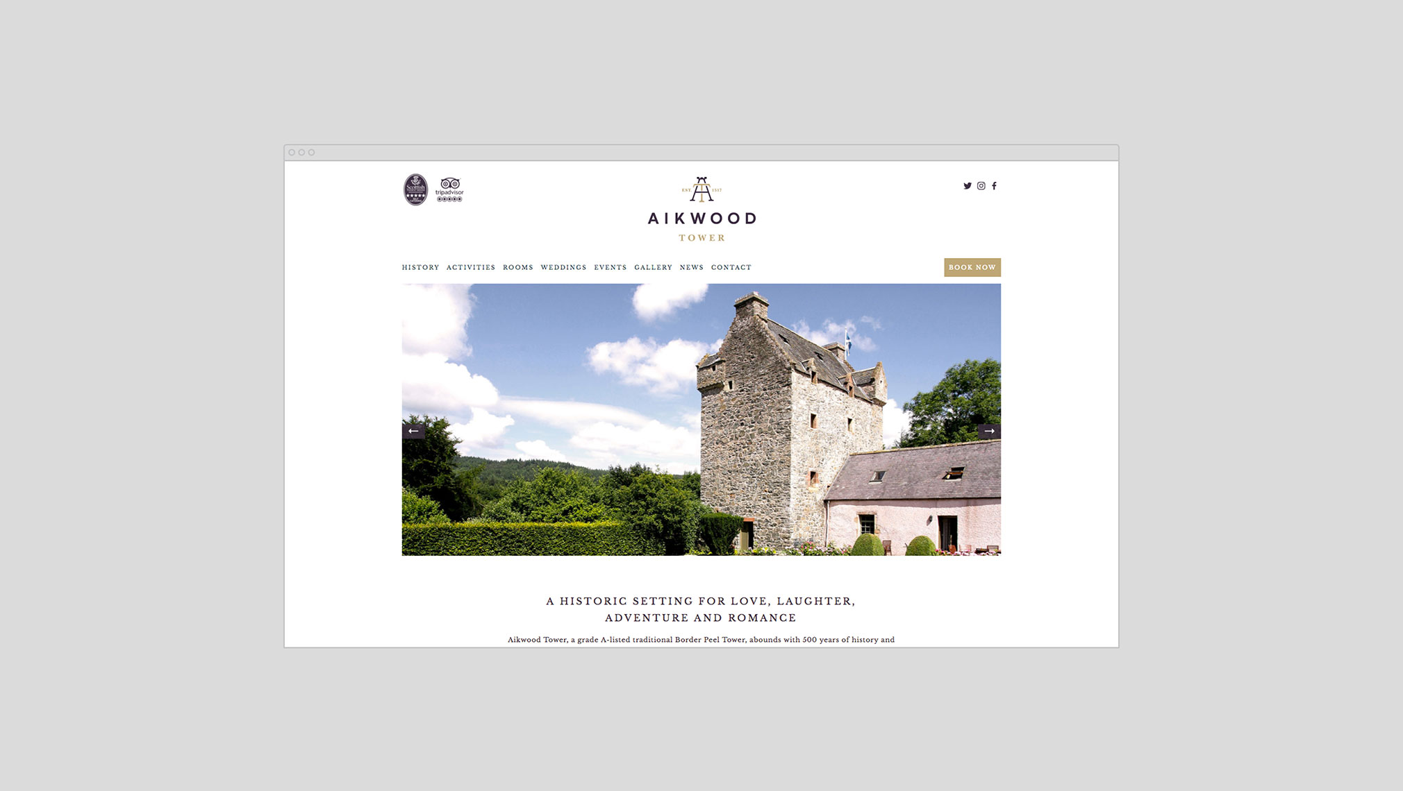 Website design for Scottish luxury hotel brand and wedding venue Aikwood Tower