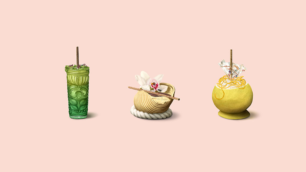 Tropical drink illustrations for luxury London bar Laki Kane