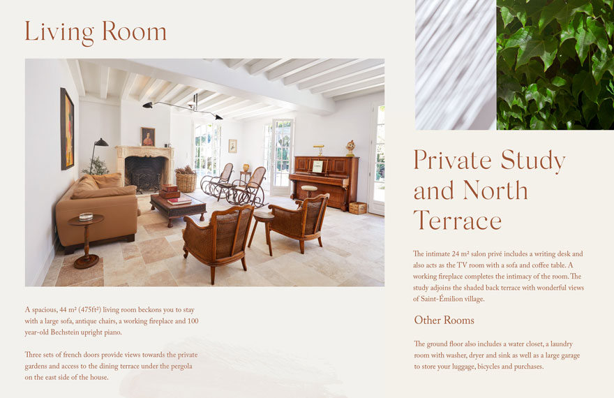 Visual of pages from the house brochure - living room, stody and north terrace