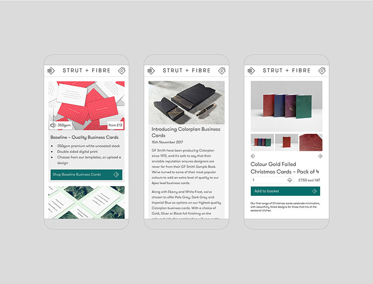 Mobile website designs for print design brand Strut and Fibre