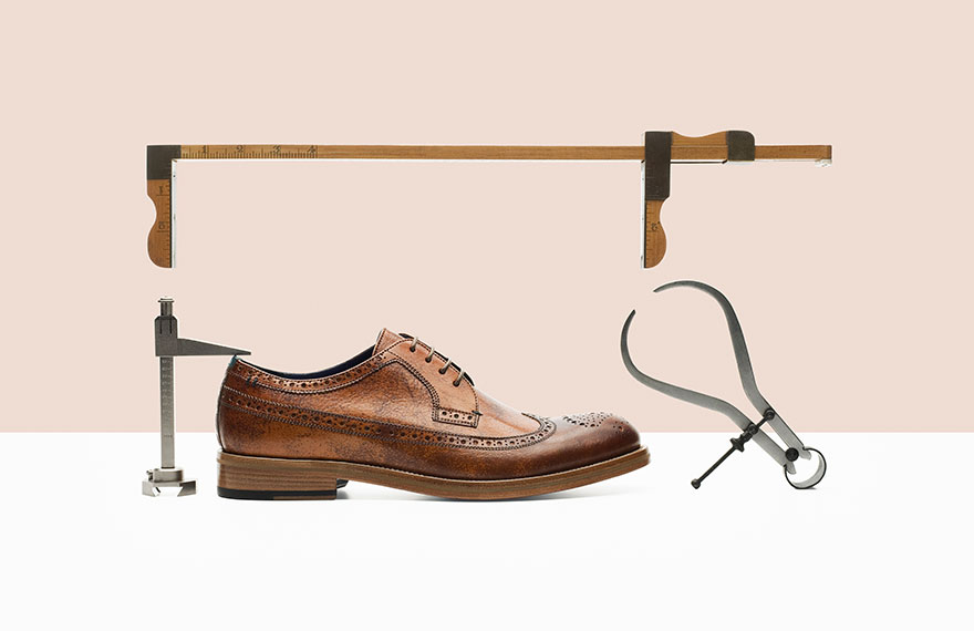 Ted Baker fashion lookbook photography with shoemaking tools