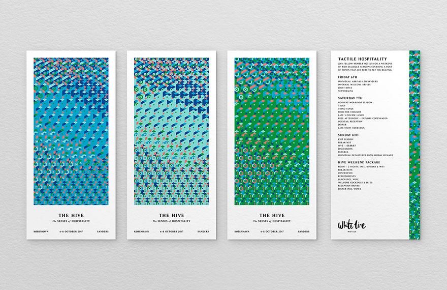 Premium brand print collateral invite design with green and blue geometric pattern